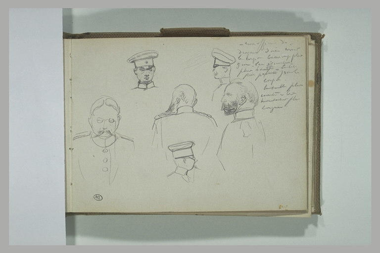 Six études de têtes de soldat et notes manuscrites