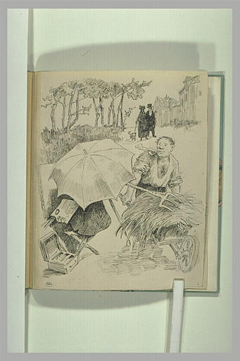 Tribulations du paysagiste : deux petits paysans appuyés sur le peintre