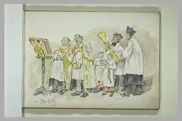 Choeur de six personnages en costume ecclésiastique devant un lutrin