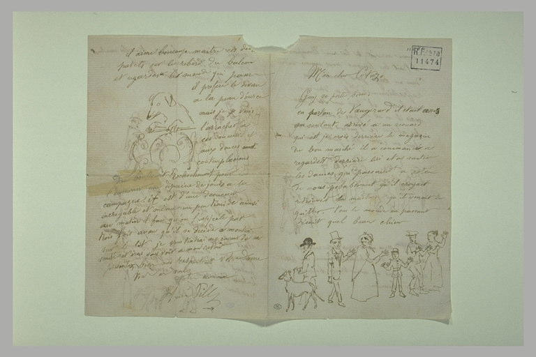Lettre d'Henri Pille, adressée à Cortazo, illustrée de petits croquis