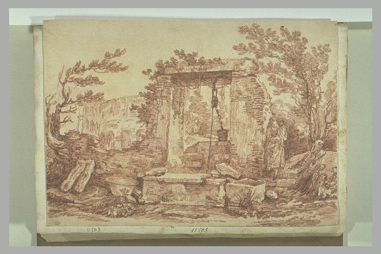 Au bord d'un puits proche de ruines antiques, une femme et un enfant