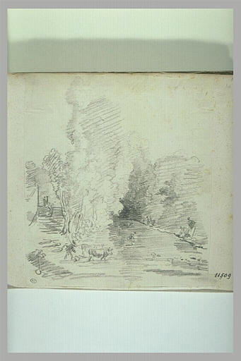 Au bord d'une rivière, personnages et vaches