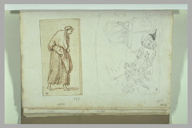 Gardien de troupeau et son chien devant une statue de dieu antique