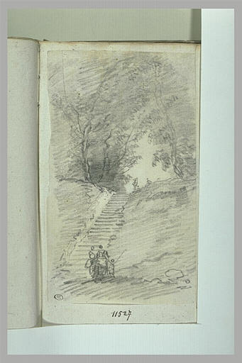 Escalier montant en haut d'une butte boisée avec deux femmes et un enfant