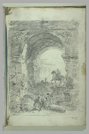 Statue équestre sous un arc, au milieu de ruines avec des personnages