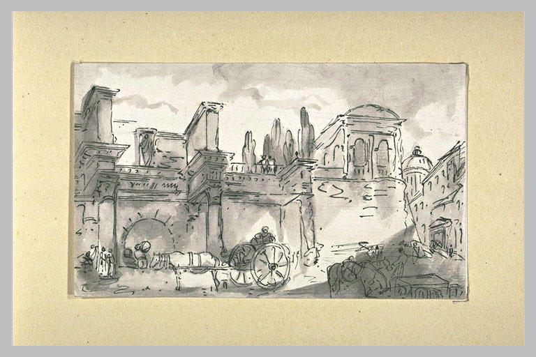 Chariot, marchandises et figures devant des édifices romains