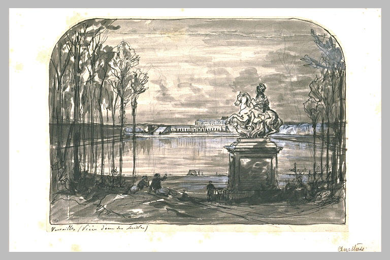 Vue du château de Versailles de l'extrémité de la pièce d'eau des Suisses