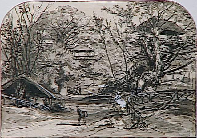 Vue du parc de Robinson avec ses attractions foraines, sous de grands arbres