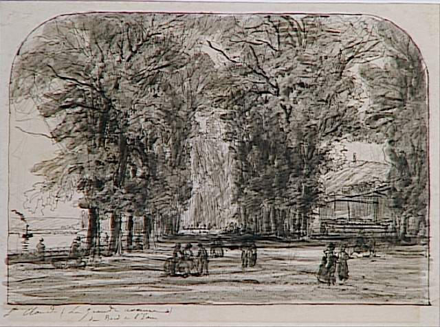 Grande avenue au bord de l'eau, avec des promeneurs, à Saint-Cloud