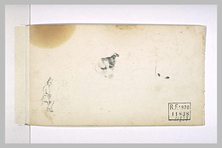 Gendarme et homme assis ; tête de chien et yeux d'animal