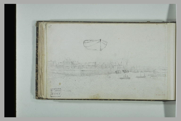 Crroquis d'un canot ; vue d'un port