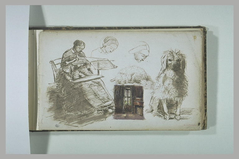 Femme devant un métier à tapisserie ; têtes ; chiens ; intérieur de maison