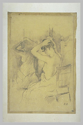 Femme demi nue, vue de dos, se coiffant, une glace reflétant son corps