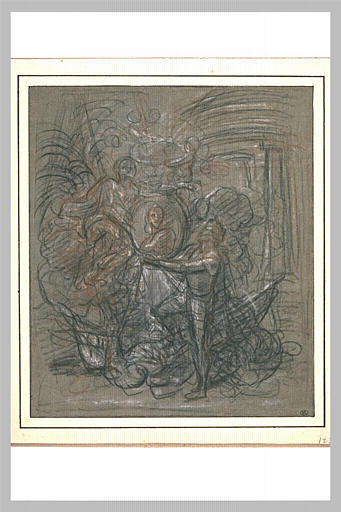 Homme en armure, présentant un portrait que couronne une Renommée