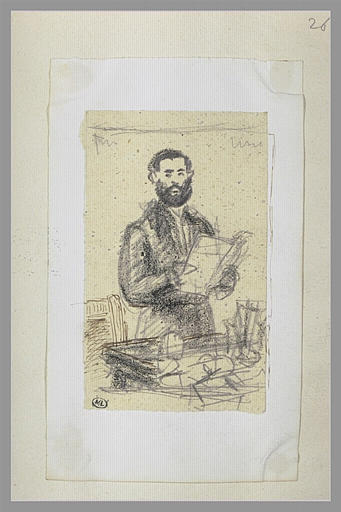 Homme, debout derrière une table, tenant une feuille de papier