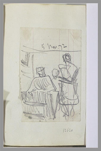 Une figure assise devant un carton, deux debout