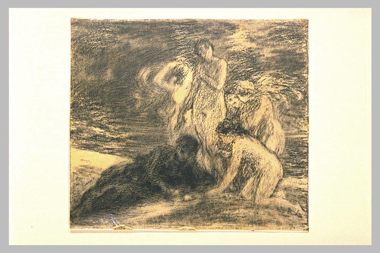 Femmes nues, auprès d'un homme étendu, drapé dans un grand manteau