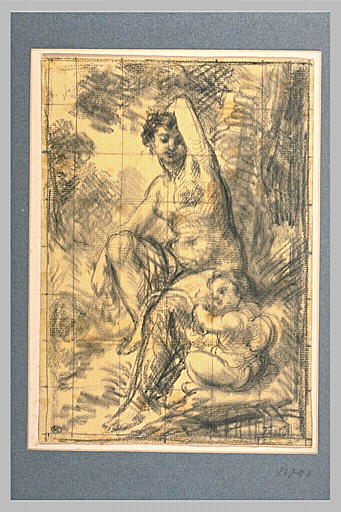 Femme assise dans un paysage avec un amour