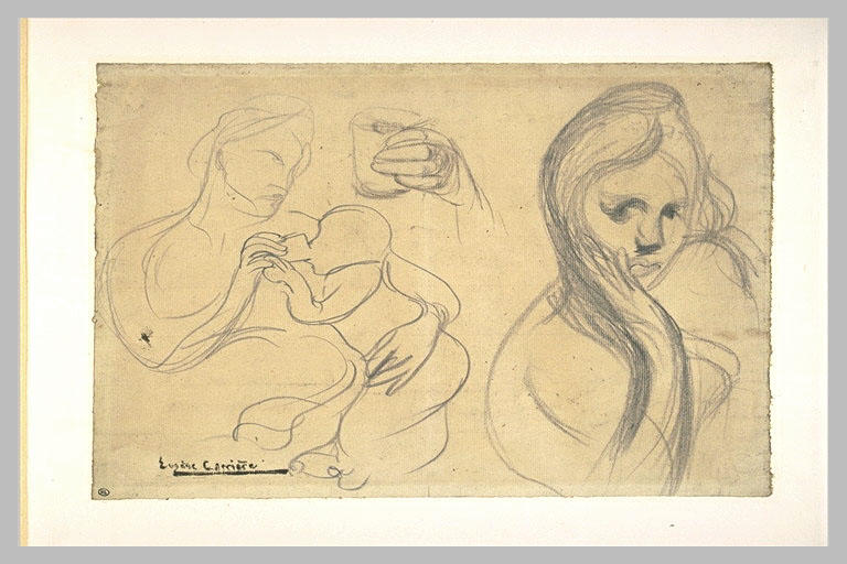 Femme donnant à boire à un enfant ; main tenant un verre ; buste de femme