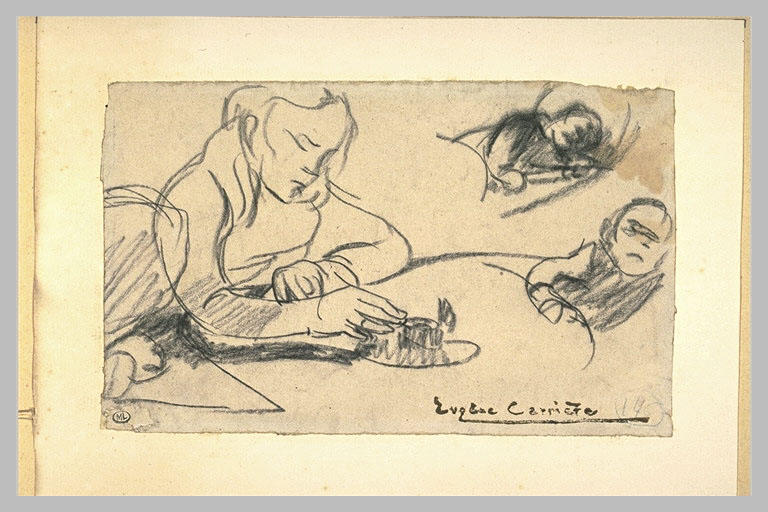 Femme assise, tenant un encrier ; enfant endormi ; figure