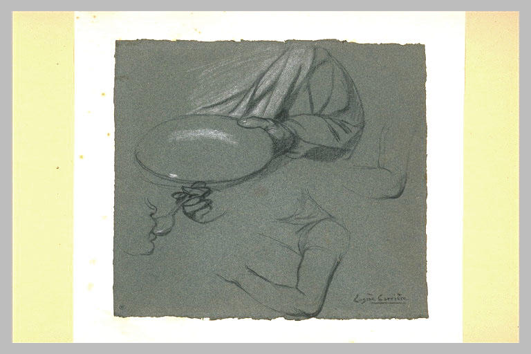 Bras et mains tenant une assiette ; reprises du bras ; profil, main, cuiller