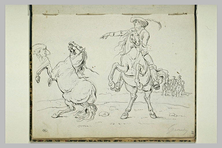 Scène militaire avec des cavaliers et un cheval non sellé
