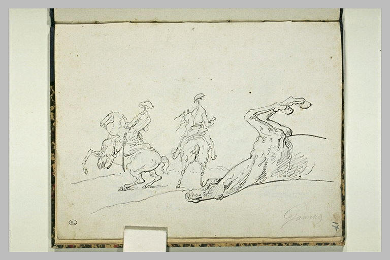 Deux cavaliers et un cheval renversé