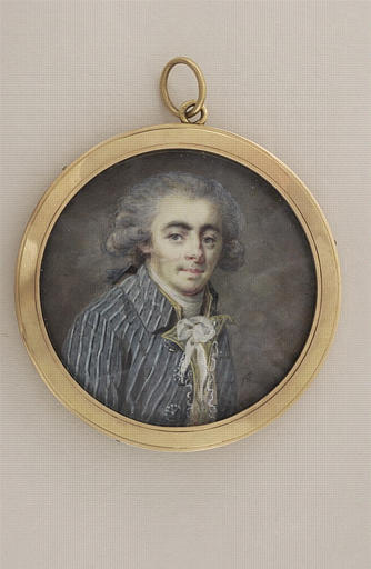 Portrait d'homme jeune, en habit bleu à grandes raies blanches