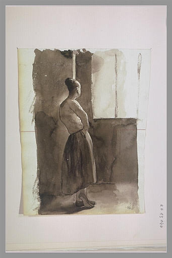 Femme, de dos, tournée à droite, regardant à travers une fenêtre