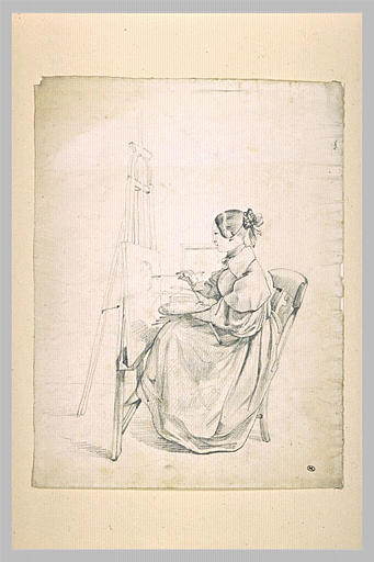 Femme assise, devant un chevalet et peignant sur une toile