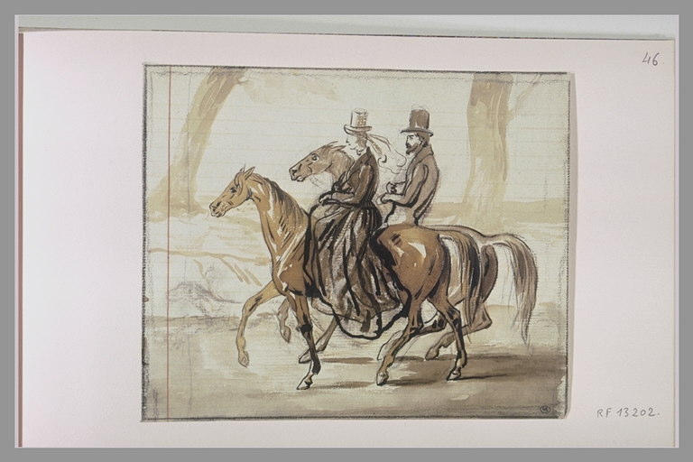Amazone et cavalier à cheval allant vers la gauche
