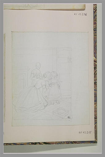 Femme agenouillée, embrassant une enfant qui tient un livre dans ses mains