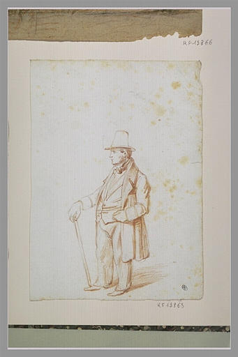 Homme en redingote, chapeau haut-de-forme, debout, la main sur sa canne