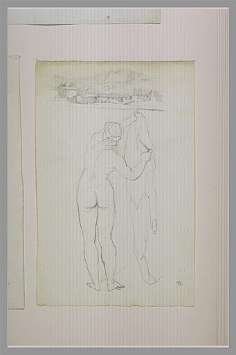Femme nue, de dos, tenant de ses deux mains une étoffe, et vue d'une ville