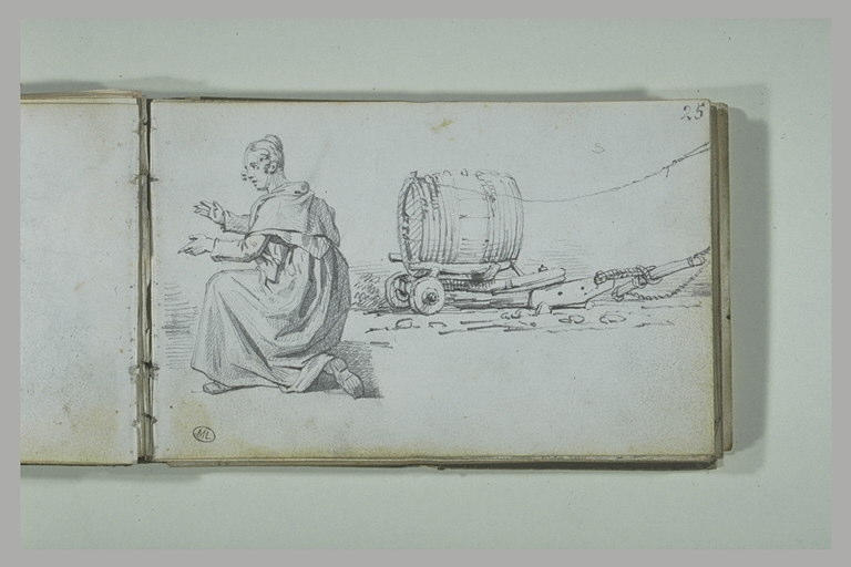 Femme accroupie ; tonneau sur un brancard