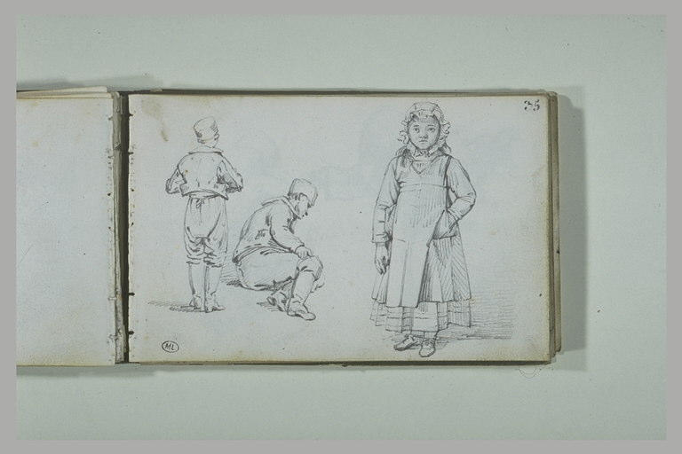 Homme debout, de dos ; homme assis à terre ; fillette debout