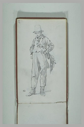 Homme, debout, coiffé d'un chapeau, portant une vielle