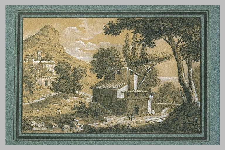 Paysage accidenté et garni de plusieurs constructions