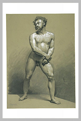 Homme nu, debout, se tenant le poignet