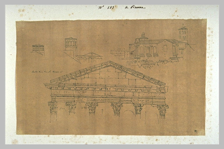 Etudes d'un fronton de temple antique, et de trois d'églises