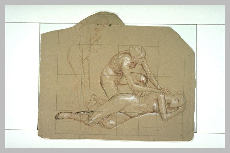 Femme se penchant, et femme agenouillée près d'une autre allongée