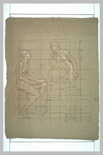 Femme nue, assise, tenant un livre près de deux autres femmes