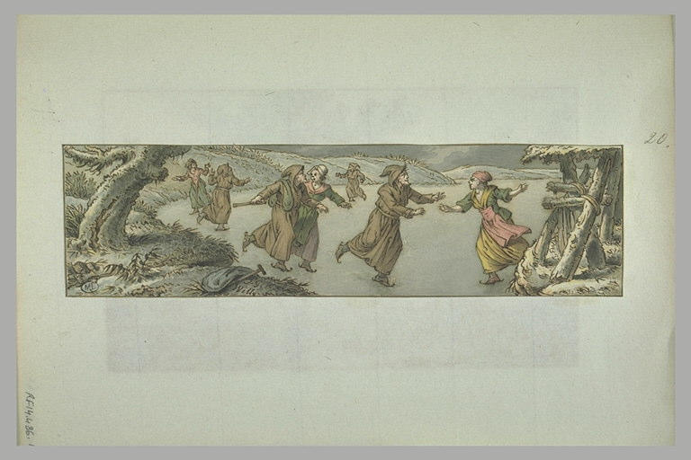 Personnages patinant sur un lac gelé