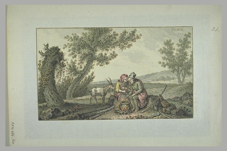 Deux personnages et une chèvre devant une marmite, dans un paysage