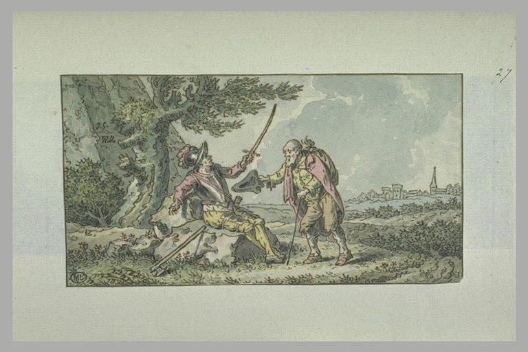 Mendiant et chevalier dans un paysage
