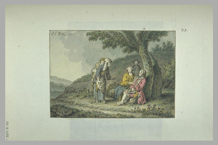 Groupe de personnages dont un noble dans un paysage