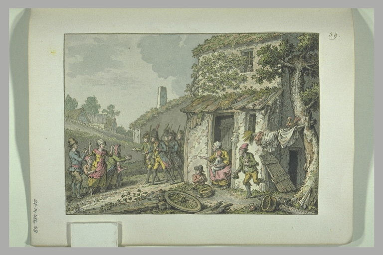 Troupe de soldats accueillis par des paysans