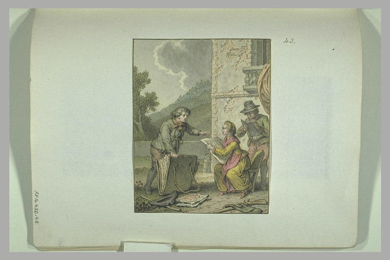 Marchand d'estampes et deux personnages