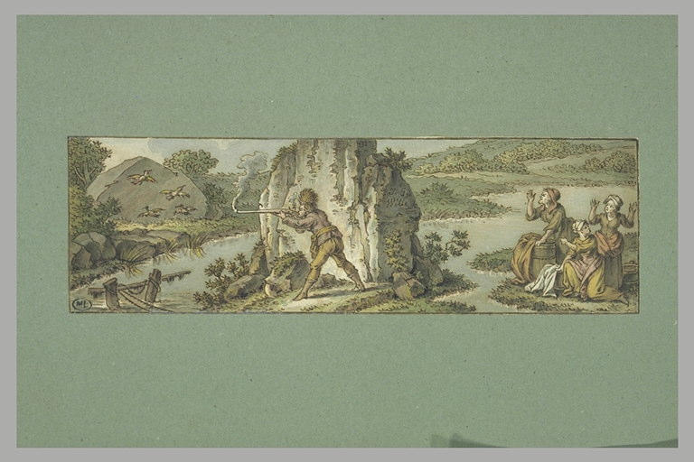 Hommes devant un rocher canardant des oiseaux