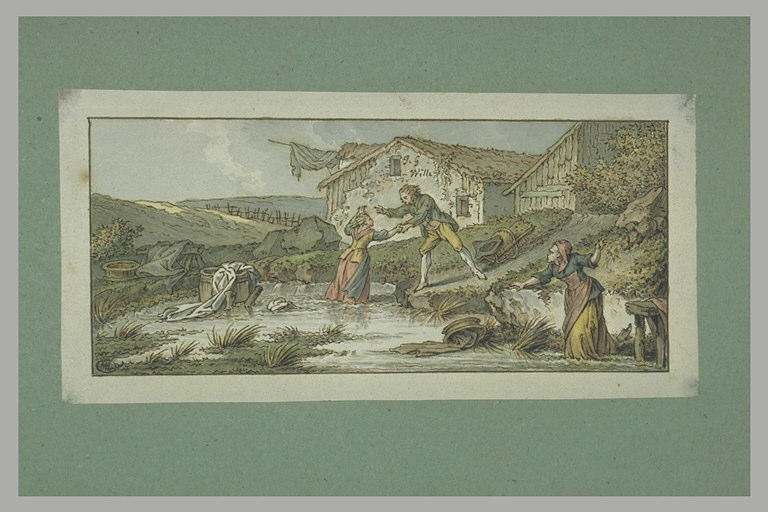 Laveuse marchant dans l'eau à la rencontre d'un jeune homme